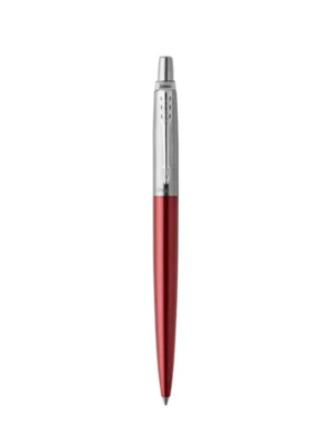 Puni prikaz Parker Jotter Kensington crvene kemijske olovke s kromiranim detaljima.
